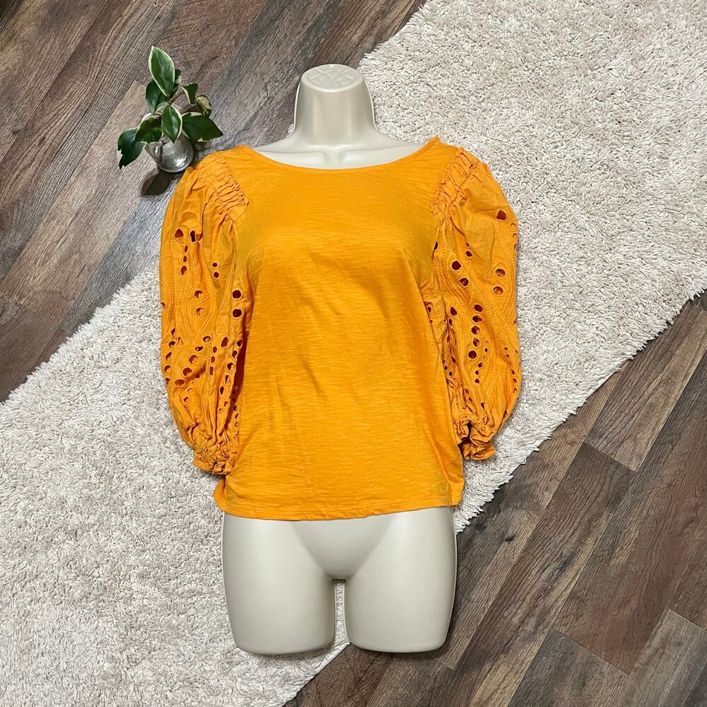 Express Small Orange Scoop Ruched Embroidered Eyelet Puff Balloon Sleeve Top